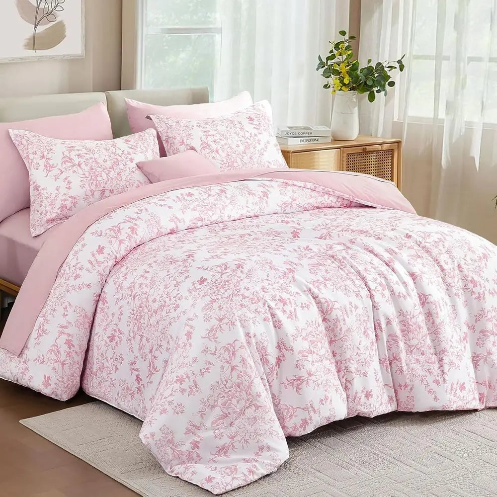 8-Piece Pink Floral Queen Comforter Set with Botanical Print for All Seasons