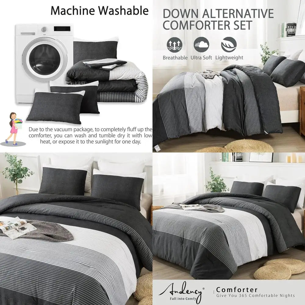 Black, White, and Gray Patchwork Striped Full Size Comforter Set - 79x90 Inch Soft Microfiber Down Alternative Bedding with Corn