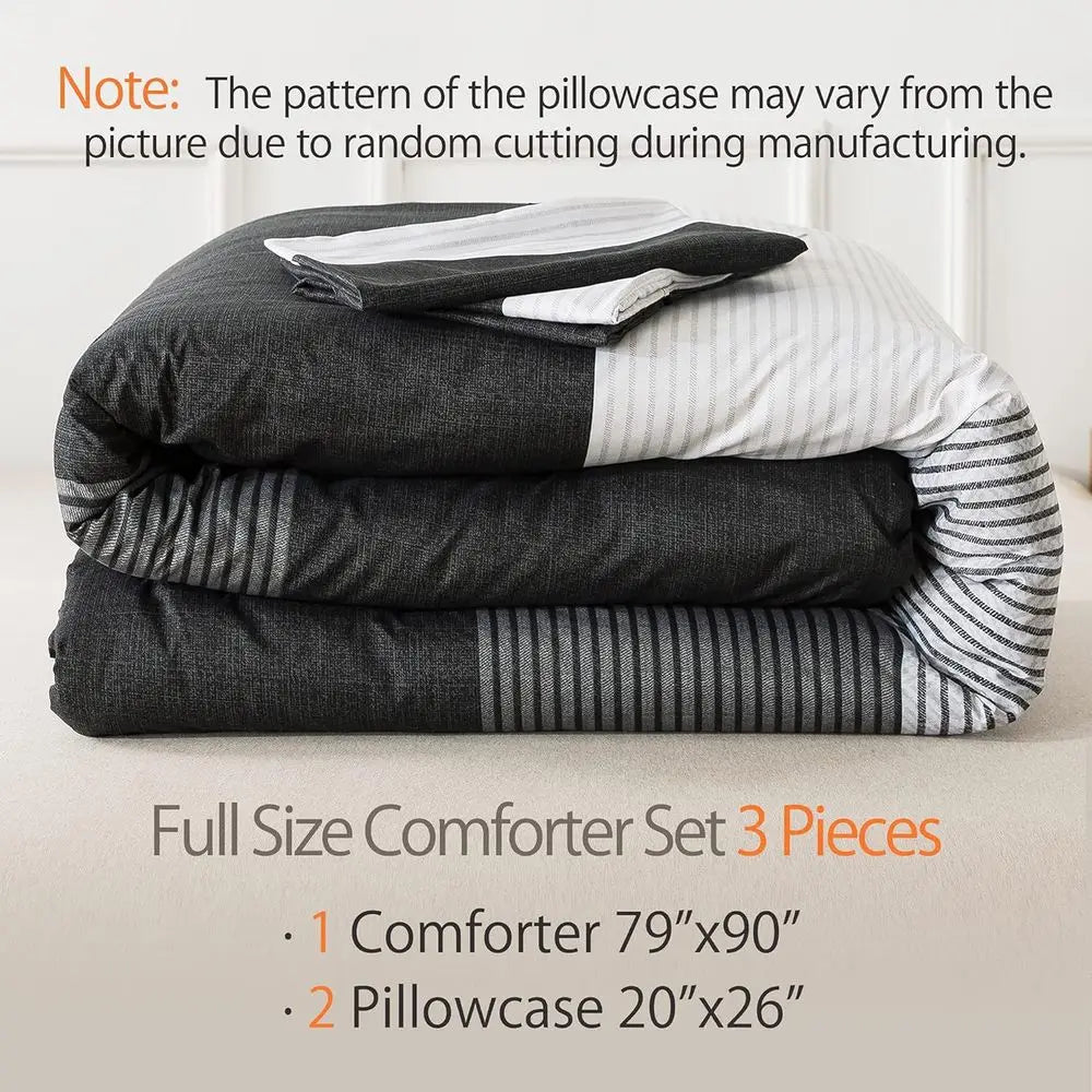 Black, White, and Gray Patchwork Striped Full Size Comforter Set - 79x90 Inch Soft Microfiber Down Alternative Bedding with Corn
