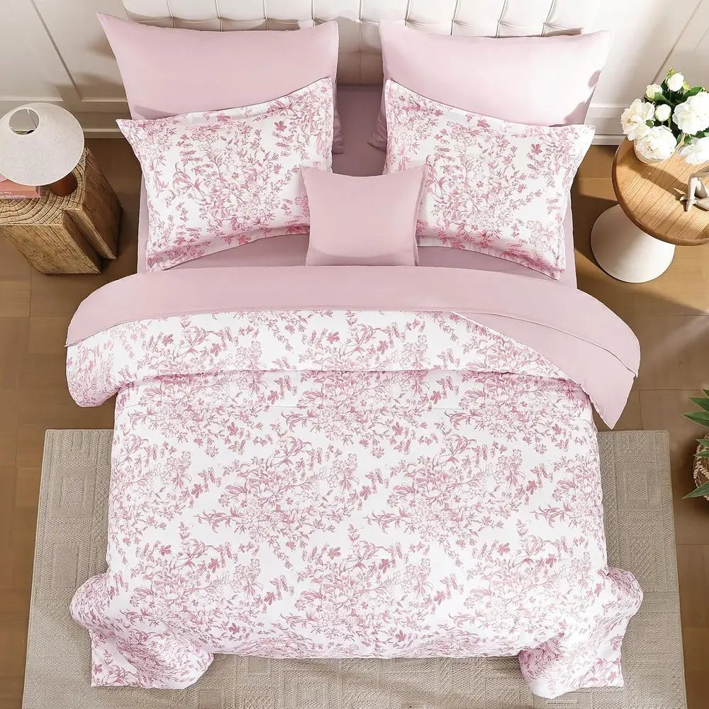 8-Piece Pink Floral Queen Comforter Set with Botanical Print for All Seasons